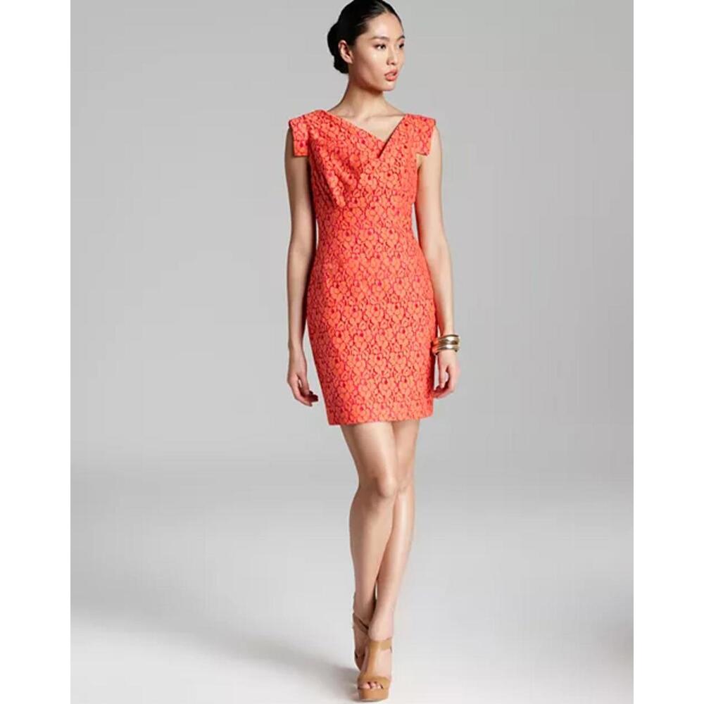 Black Halo Jackie-O Orange Lace Cotton Raschel Knee Length Sheath Dress - Size 6 - Picture 3 of 9